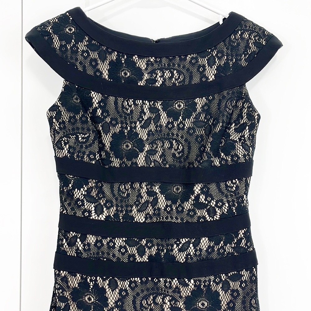 Adrianna Papell Size 2 Beige Black Lace Overlay Cap Sleeve Bodycon Formal Dress - Picture 3 of 12
